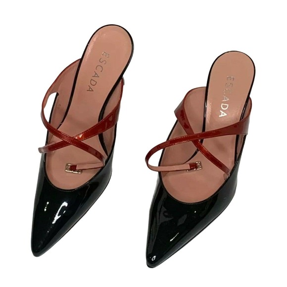 Escada Women's Shoes Heels Patent Leather Pointed Closed Toe Black Red Size 8.5 - Picture 2 of 6
